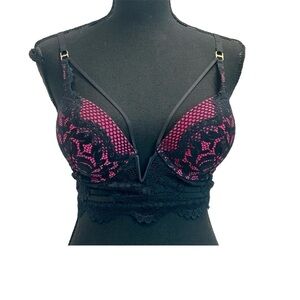 LA Senza Hello Sugar pink black lace plunge bra Sz 32C padded NWOT